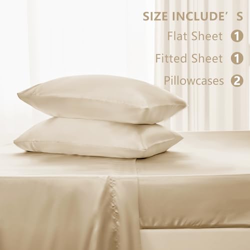 CozyLux Satin Sheets Queen Size Bed Set - 4 Piece Silky Queen Sheet Set, Luxury Champagne Queen Sheets with Smooth and Soft Microfiber, Includes 1 Fitted Sheet, 1 Flat Sheet and 2 Pillowcases CozyLux