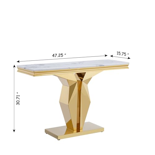 Henf Faux Marble Console Table Luxury White Marble Entryway Table with Gold Mirrored Stainless Steel Base, Elegant Accent Sofa Table for Living Room, Hallway, Foyer, Corridor (Gold & White) Henf
