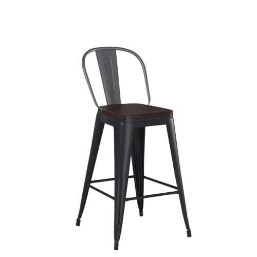 Aklaus Metal Bar Stools Set of 4,26 inch Barstools Counter Height Bar Stools with Backs Farmhouse Bar Stools with Larger seat High Back Kitchen Dining Chairs Modern Bar Chairs Matte Black Stool Aklaus