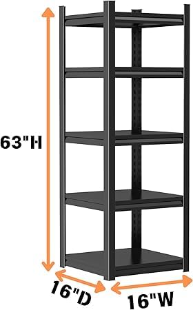 Notmise Garage Shelving, 3000Lbs 5-Tier Storage, Heavy Duty Adjustable Metal Rack Black, Easy to Assemble for Garage, Warehouse, and Basement(63" H x16 W x 16" D) Notmise