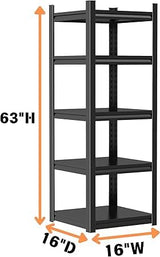 Notmise Garage Shelving, 3000Lbs 5-Tier Storage, Heavy Duty Adjustable Metal Rack Black, Easy to Assemble for Garage, Warehouse, and Basement(63" H x16 W x 16" D) Notmise