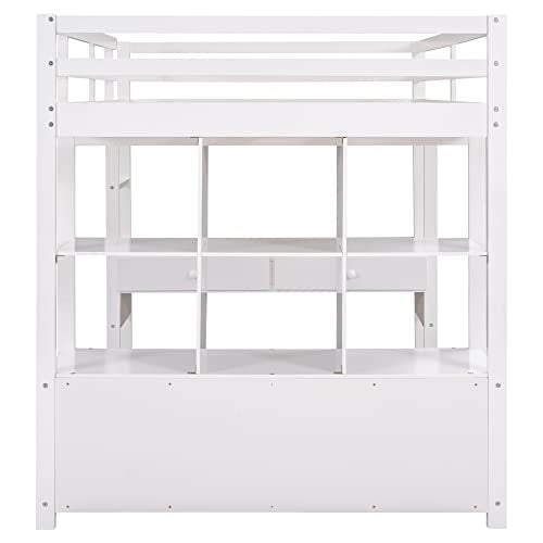 BOVZA White Full Size Loft Bed with Built-in Desk, Drawers, and Storage Shelves