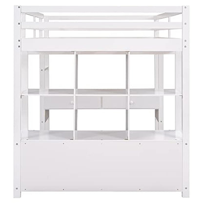 BOVZA White Full Size Loft Bed with Built-in Desk, Drawers, and Storage Shelves