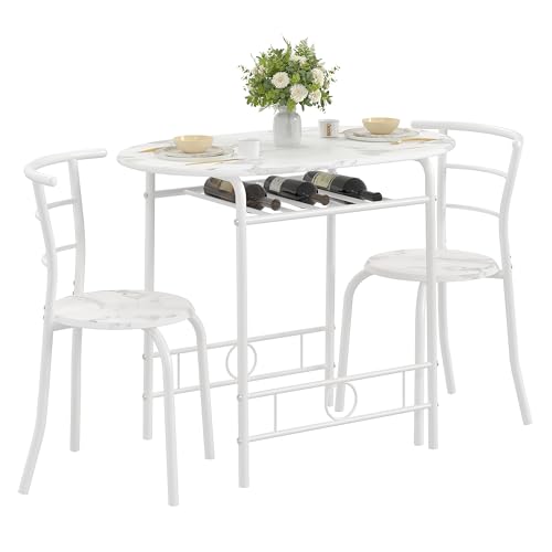VECELO 3-Piece Dining Table Set for Kitchen Breakfast Nook, Faux Marbled Oval Tabletop and Metal Frame with Built-in Wine Rack, for Small Spaces, White VECELO