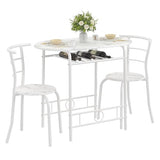 VECELO 3-Piece Dining Table Set for Kitchen Breakfast Nook, Faux Marbled Oval Tabletop and Metal Frame with Built-in Wine Rack, for Small Spaces, White VECELO