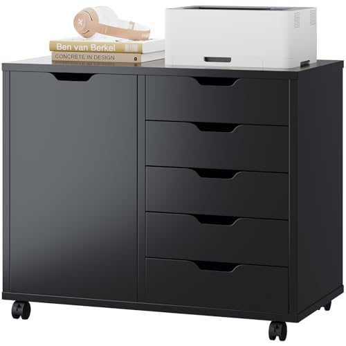 DUMOS 5 Drawer File Cabinet Office Drawers Organizer with Wheels Rolliing, Under Desk Cabinets with Shelves and Door Printer Stand with Wood Board Metal Frame for Home Office Storage Craft Room, Black DUMOS