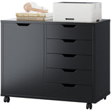 DUMOS 5 Drawer File Cabinet Office Drawers Organizer with Wheels Rolliing, Under Desk Cabinets with Shelves and Door Printer Stand with Wood Board Metal Frame for Home Office Storage Craft Room, Black DUMOS