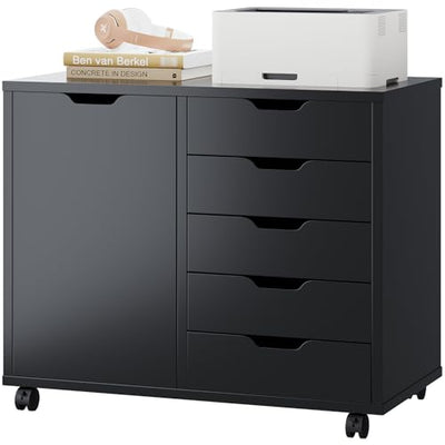 DUMOS 5 Drawer File Cabinet Office Drawers Organizer with Wheels Rolliing, Under Desk Cabinets with Shelves and Door Printer Stand with Wood Board Metal Frame for Home Office Storage Craft Room, Black