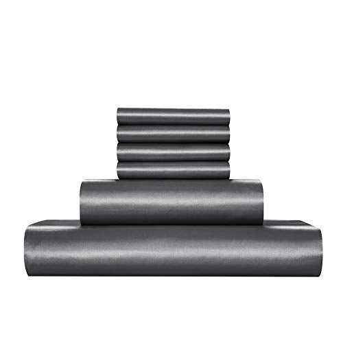 AiMay 6 Piece Satin Bedding Sheet Set King Grey Deep Pocket 1800 Series Luxury Rich Silk Silky Super Soft Solid Color 4 Pillowcases Reversible Sexy Honeymoon Wrinkle Free (King,Grey) AiMay