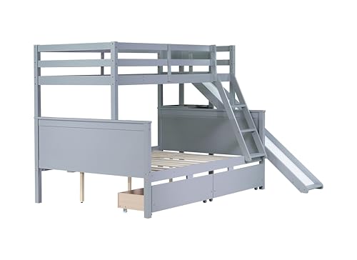 PVWIIK Twin Over Full Bunk Bed with Slide & 2 Drawers for Boys,Girls Bedroom,Rubber Wood Bed Frame W/Storage Shelves for Adult,Teenagers,No Box Spring Needed, Grey PVWIIK