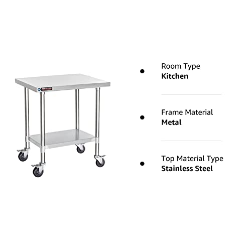 DuraSteel Food Prep Stainless Steel Table -30 x 24 Inch Metal Table Cart - Commercial Workbench with Caster Wheel - NSF Certified - For Restaurant, Warehouse, Home, Kitchen, Garage, Silver DuraSteel