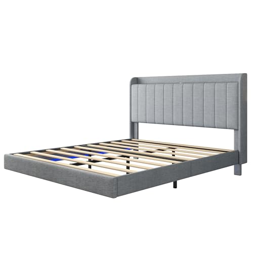 YOPTO Modern Queen Size Floating Bed Frame with APP-Controlled RGB LED Lights, USB Port & Storage Headboard in Light Grey - WoodArtSupply