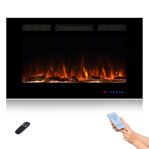 36" WiFi Smart Recessed Electric Fireplace Insert, 5 Flame Settings, Log Set or Crystal Options, Temperature Control by Touch Panel & Remote & App, 750/ 1500W Heater, Compatible with Alexa Masarflame