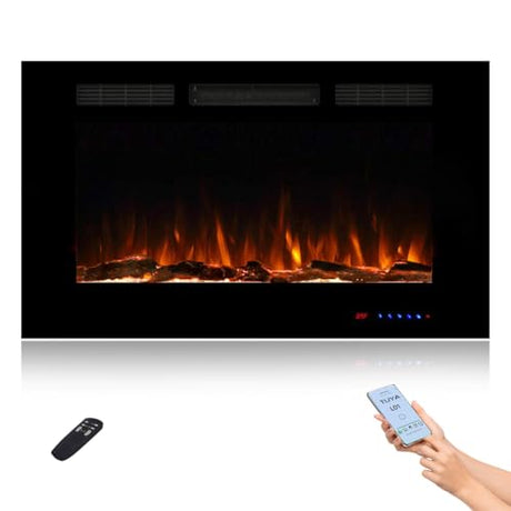 36" WiFi Smart Recessed Electric Fireplace Insert, 5 Flame Settings, Log Set or Crystal Options, Temperature Control by Touch Panel & Remote & App, 750/ 1500W Heater, Compatible with Alexa Masarflame
