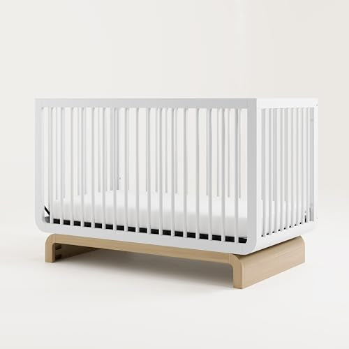 Storkcraft Santorini Deluxe 5-in-1 Convertible Crib with Bonus Toddler Guardrail (White with Driftwood) – GREENGUARD Gold Certified, Toddler Guardrail Included in Box, Fits Standard Crib Mattress