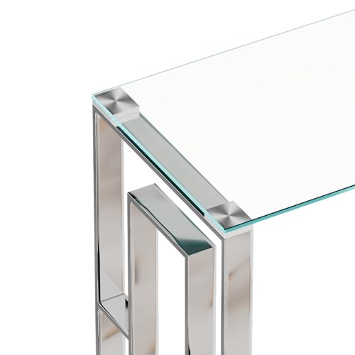 HomVent Silver Glass Console Table Narrow Sofa Table with Tempered Glass Top and Stainless Steel Legs for Entryway, Living Room (Silver) HomVent