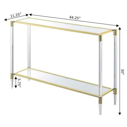 Pemberly Row Two-Tier Acrylic Glass Console Table, Clear Tempered Shelves, Gold Chrome Frame, Sturdy Acrylic Legs, Contemporary Style, 44.25 x 11.25 x 30 in, Elegant Living Room or Entryway Decor Pemberly Row