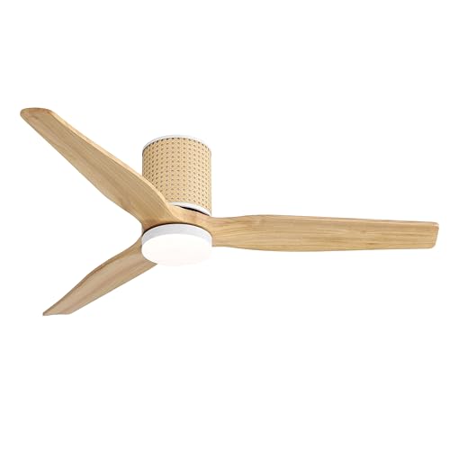 LEDLUX 52" Ceiling Fan with Light and Remote, Low Profile Flush Mount Fan, Solid Wood Blades, Rattan Retro Style, Noiseless Reversible DC Motor, for Bedroom/Living Room/Porch (White/Wood Color) LEDLUX