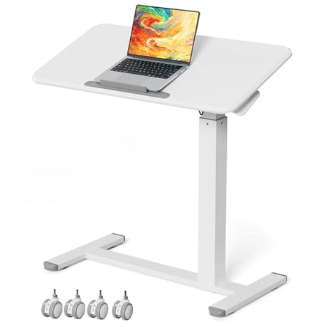 JYLH JOYSEEKER Mobile Standing Desk, Height Adjustable Left/Right Overbed Bedside Table, 90° Tiltable Portable Laptop Desk with Wheels, Foldable Computer Cart for Hospital Home Use, White JYLH JOYSEEKER