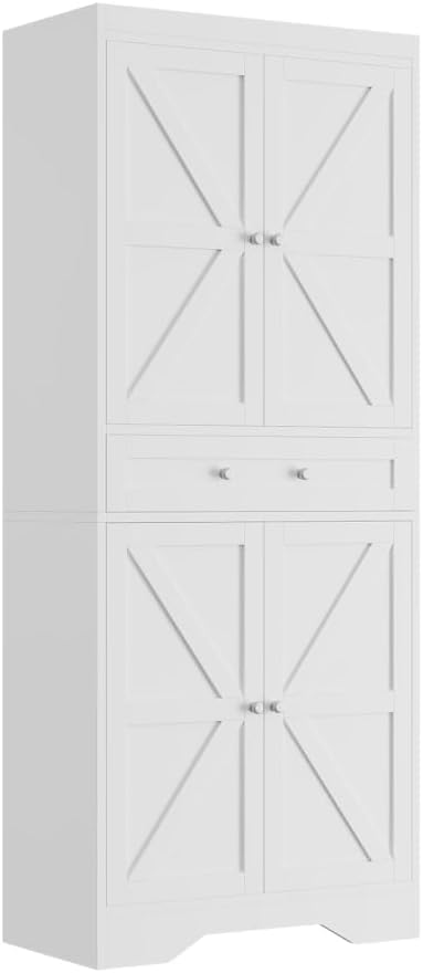 72" Tall Kitchen Pantry Storage Cabinet with Barn Doors Shelves & Drawer, Wood Farmhouse Pantry Cabinet with 4 Adjustable Shelves, Freestanding Cupboard for Dining Room Living Room, Laundry- White