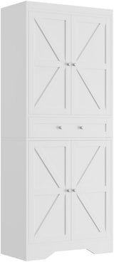 72" Tall Kitchen Pantry Storage Cabinet with Barn Doors Shelves & Drawer, Wood Farmhouse Pantry Cabinet with 4 Adjustable Shelves, Freestanding Cupboard for Dining Room Living Room, Laundry- White ChicHabitat