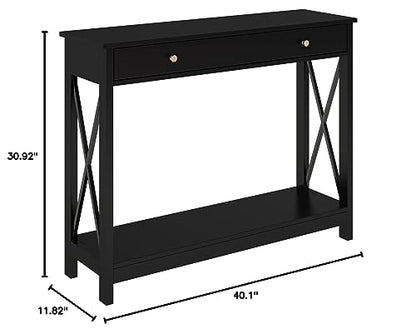 Treocho Black Console Table with Drawer and Storage Shelves, Foyer Sofa Table Narrow for Entryway, Living Room, Hallway - WoodArtSupply