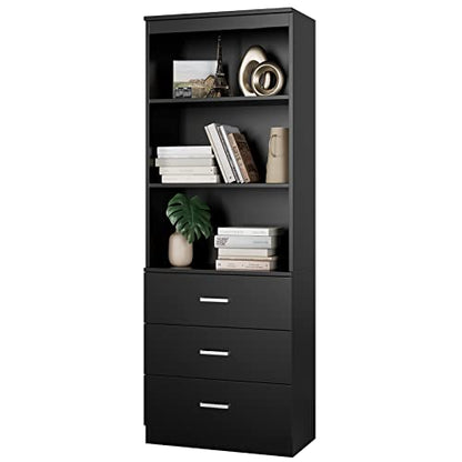 FOTOSOK 71 Inches Tall Vintage Storage Cabinet with 3 Drawers and Open Shelves - Elegant Wooden Bookshelf Organizer in Black - WoodArtSupply