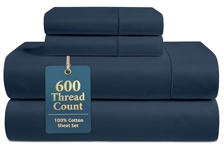 LANE LINEN Queen Bed Sheets - Pemium 600 Thread Count Long Staple 100% Cotton Sheets Queen Size Bed Set, Hotel Luxury Sateen Finish, 15" Deep Pocket Fitted Sheet, Cool & Durable - Denim LANE LINEN