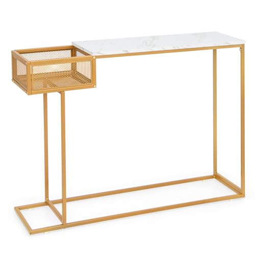 Giantex Narrow Console Table with Storage - Gold Sofa Table with Storage Basket, Sturdy Metal Frame, Modern Entryway Table, Entry Table for Living Room, Hallway, Corridor, Foyer Table, Gold & White Giantex
