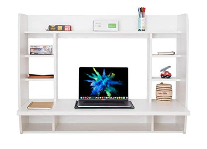 Versatile Wall Mount Floating Computer Desk - Stylish and Space-Saving Writing Study Table with Shelves - Ideal for Living Room, Bedroom, and Home Office, White - WoodArtSupply