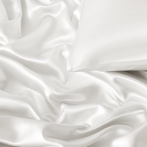 VACVELT 3-Piece Satin Fitted Sheet Set King Size, Ivory White Bottom Bed Sheet with 2 Pillowcases, Similar to Silk Sheets, Luxury & Silky Bedding Set, 15 Inch Deep Pocket VACVELT