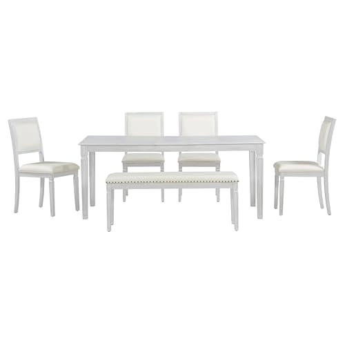Hlcodca 6-Piece Extendable Dining Table Set with 4 Chairs & Bench, 59 to 72-Inch Rustic Farmhouse Kitchen Table Set with Distressed Finish and Retro Carved Legs (Beige+White Washed) Hlcodca