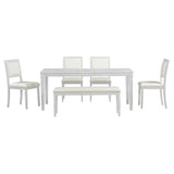 Merax Farmhouse Wooden Dining Set of 6, 72 Inch Extendable Kitchen Table, 4 Chairs w/Backrest, 2-Person Bench w/Cushion, Rustic Kitchen Table Set w/Distressed Finish & Carved Legs, Washed White Merax