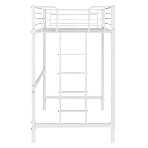 Bonnlo Metal Loft Bed with Stairs and Flat Rung, Junior Bed Full Size High Loft Bed for Kids/Teens/Adults, No Box Spring Required, White Bonnlo