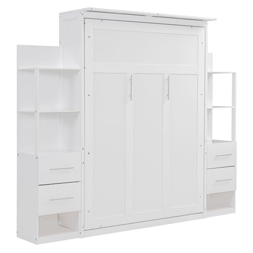 Ball & Cast Murphy Bed Cabinet Full Size,Wall Hideaway Bed with Shelves,can be Folded,Wood Foldable Frame W/Drawers and LED Lights,Slat Support,for for Apartment,Bedroom,White Ball & Cast