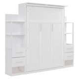 Ball & Cast Murphy Bed Cabinet Full Size,Wall Hideaway Bed with Shelves,can be Folded,Wood Foldable Frame W/Drawers and LED Lights,Slat Support,for for Apartment,Bedroom,White Ball & Cast