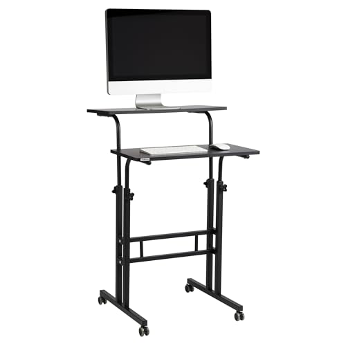 Mind Reader Standing Desk, Adjustable Height Laptop Workstation, Portable Rolling Desk on Wheels, Two-Tier Metal Frame, Black Mind Reader