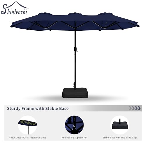 Shintenchi 15FT Large Patio Umbrella with Base, Outdoor Double-Sided Rectangular Umbrella, Market Umbrella with Crank Handle for Poolside Lawn Garden, Dark Blue Shintenchi