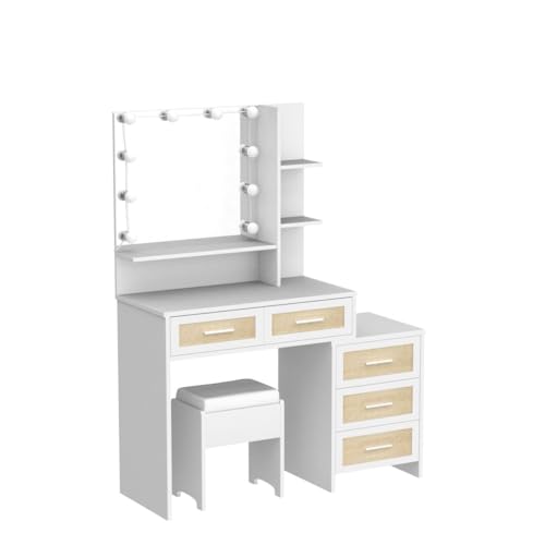 Maupvit Rattan Vanity Desk with Mirror and Lights, Boho Makeup Vanity Table Set with Nightstand, 5 Drawers & 10 Bulbs, Metal Silver Handle, 3 Open Shelves, Dressing Table with Cushioned Stool (White) Maupvit