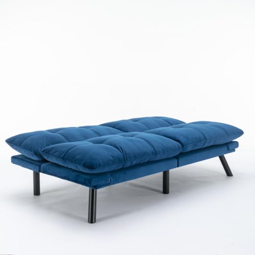 LLS 70.87" Velvet Futon Sofa Bed, Modern Convertible Sleeper Sofa Couch with Adjustable Backrest and Armrests, Tufted Loveseat Sofa with Metal Legs for Living Room, Bedroom, Apartment, Navy Blue LLS