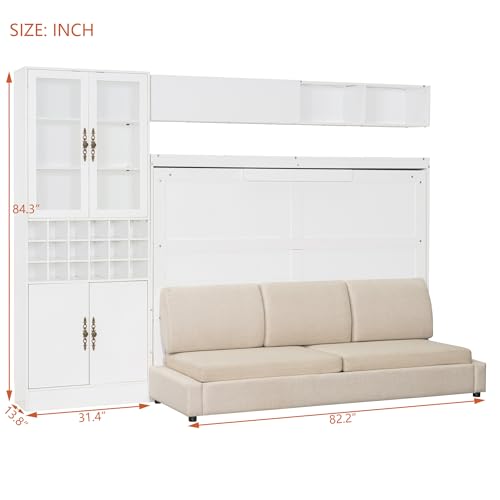 Merax Full Size Murphy Bed Wall Bed with Sofa, Shelves, USB & Light - Space Saving Foldable Bed for Small Apartments, White Merax