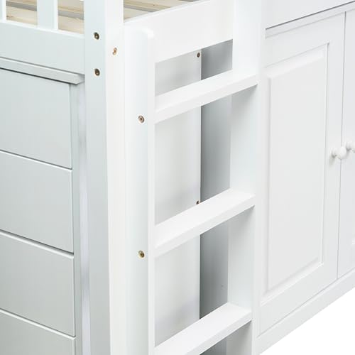 PVWIIK Twin Size Low Loft Bed with Storage Drawer & Desk for Kids,Wood Loft Bed w/Shelf,Space Saving,No Box Spring Needed,White PVWIIK
