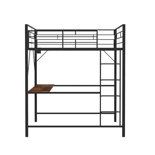 VINGLI Loft Bed Full Size with 15 Inches Extra Tall Guardrail, LED Lights and Desk Underneath, Industrial Metal Double High Sleeper with 2 Charging Stations and Flat Rung Steps, Space Saving,Black VINGLI