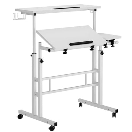 SogesHome 31.5 inch Mobile Standing Desk Adjustable Computer Desk Rolling Laptop Cart Portable Laptop Stand on Wheels Home Office Workstation with Cup Holder,Headphone Holder, Upgrade White SogesHome