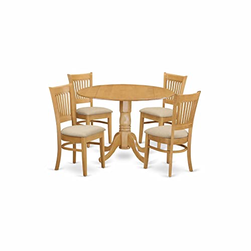 East West Furniture DLVA5-OAK-C 5 Piece Kitchen Table & Chairs Set Includes a Round Dining Room Table with Dropleaf and 4 Linen Fabric Upholstered Chairs, 42x42 Inch, Oak East West Furniture