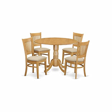 East West Furniture DLVA5-OAK-C 5 Piece Kitchen Table & Chairs Set Includes a Round Dining Room Table with Dropleaf and 4 Linen Fabric Upholstered Chairs, 42x42 Inch, Oak East West Furniture