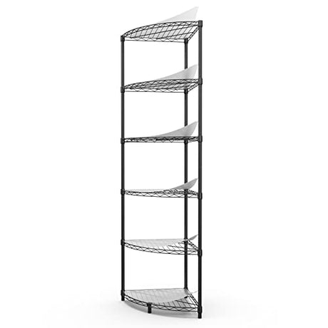 NSF 6-Tier Metal Corner Shelf Wire Shelving Unit - 420 lbs Capacity, Adjustable, with leveling feet & Waterproof Shelf Liners - Ideal for Garage, Kitchen, and More - 72" H x 18" L x 18" D - Black pouseayar