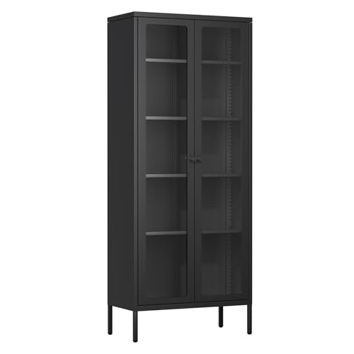 Crownland Metal Storage Cabinet with Glass Doors, Display Curio Glass Cabinet with 4 Adjustable Shelves, Tall Modern Office Storage Cabinet for Bedrooms, Living Room, Pantry(Black) Crownland