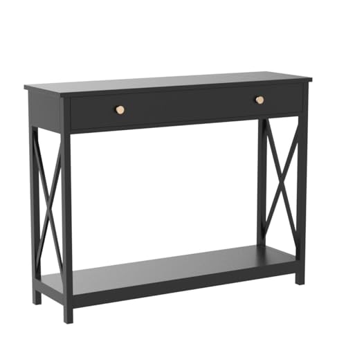 Treocho Black Console Table with Drawer and Storage Shelves, Foyer Sofa Table Narrow for Entryway, Living Room, Hallway - WoodArtSupply