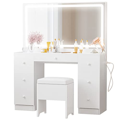 IRONCK Vanity Desk with LED Lighted Mirror & Power Outlet, 7 Drawers Makeup Vanities Table with Stool, for Bedroom, White IRONCK